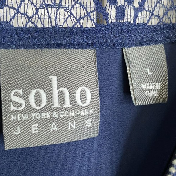 SoHo Womens Navy Blue High/Low Sheer Top with Lace Yoke and Front Zipper Size L - Picture 3 of 10